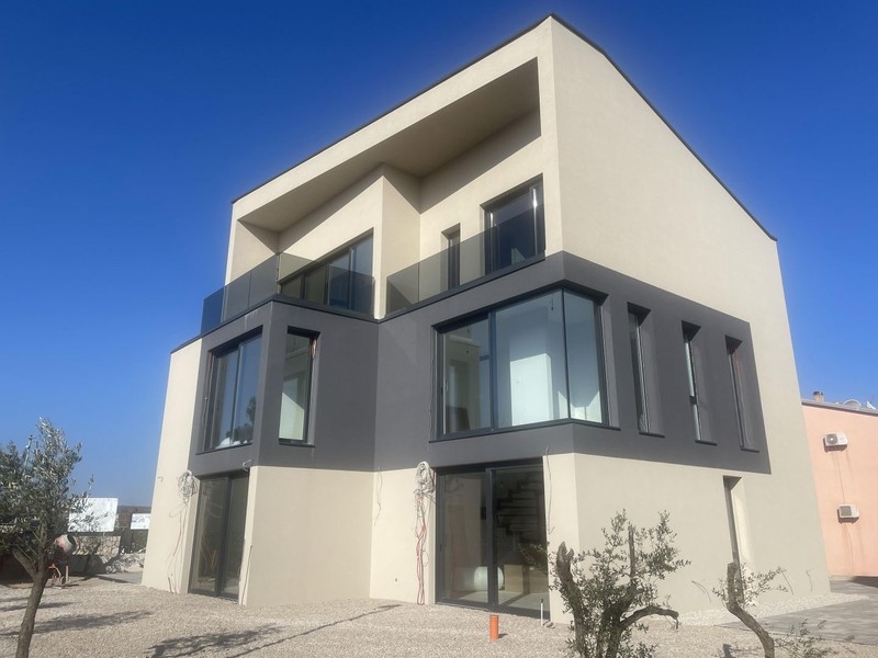 Angolo dell'edificio di nuova costruzione con ulivo