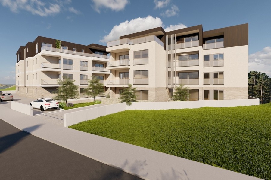 Rendering: vista complessiva con giardino e accesso