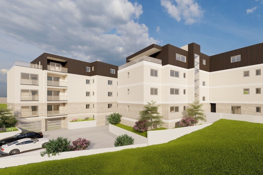 Rendering: edificio residenziale con due ali e giardino