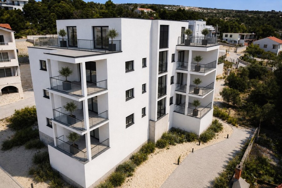 Rendering dell'edificio residenziale completato con balconi