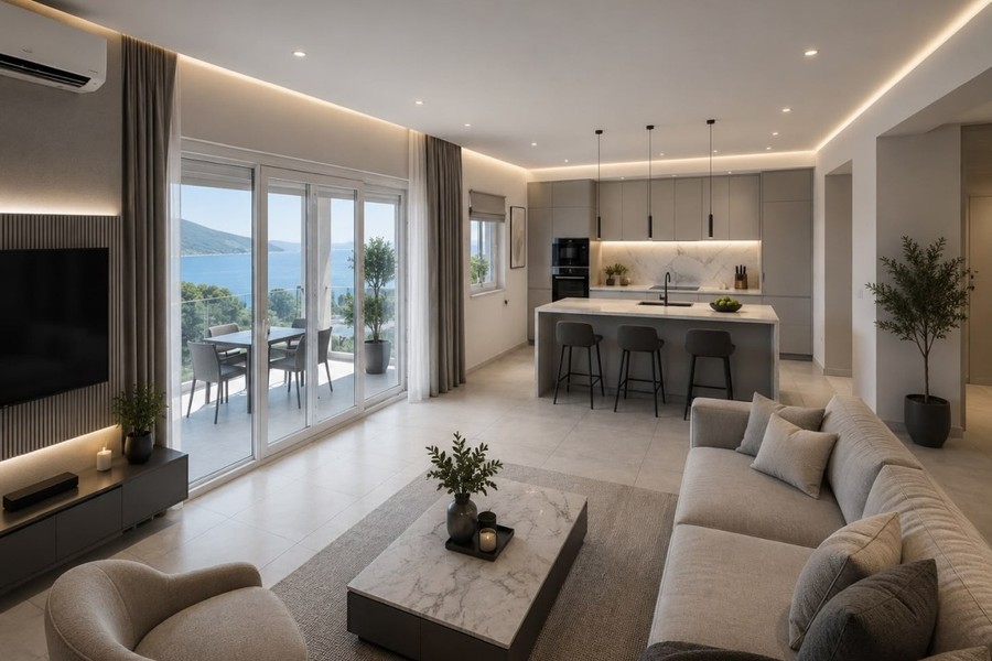 Rendering del soggiorno con cucina a vista