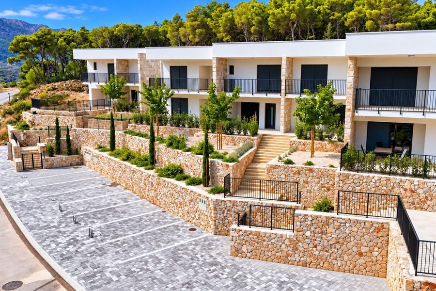 Giardini terrazzati e posti auto davanti alla nuova costruzione