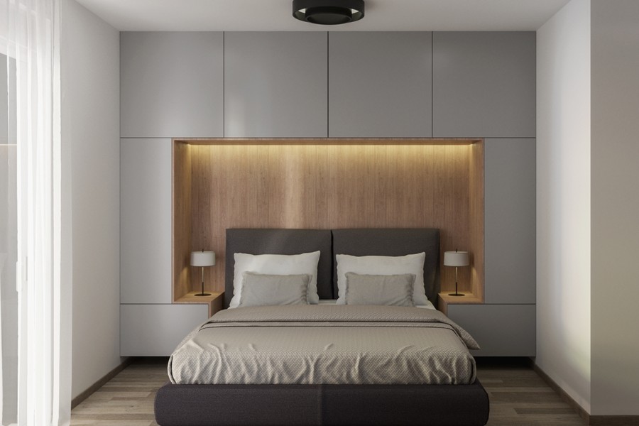 Camera da letto tranquilla con pannello a parete in legno