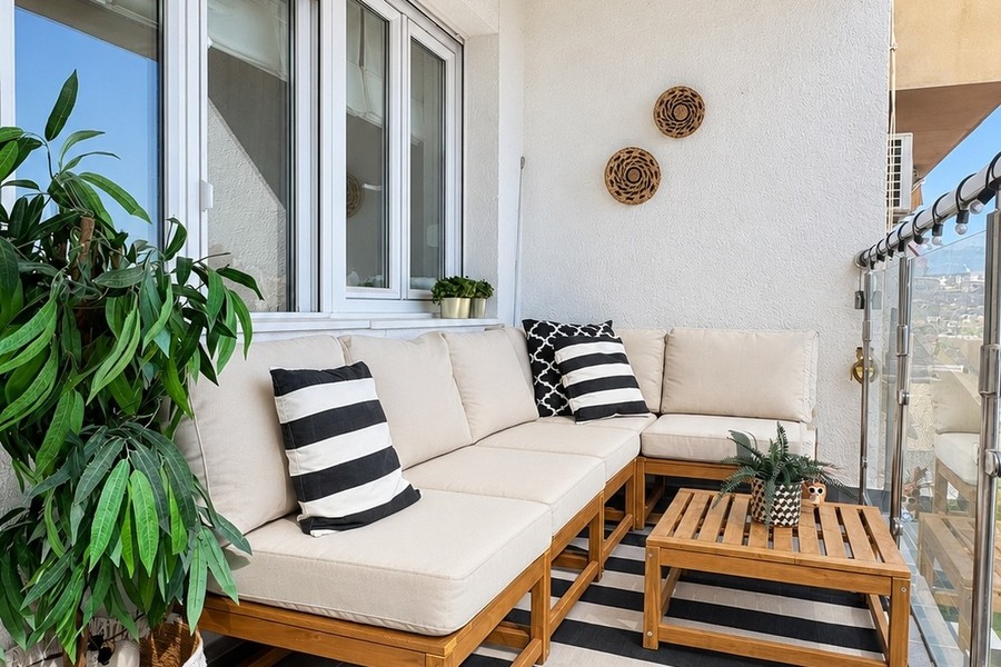 Loggia sud con zona salotto e piante