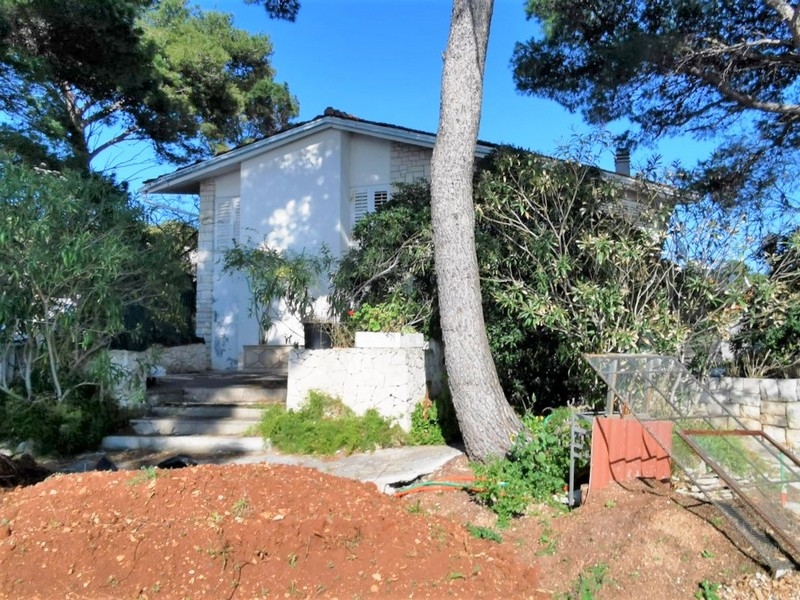 Casa bianca tra i pini dietro il terrapieno