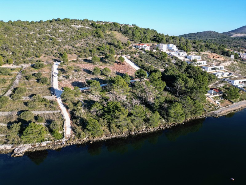 Veduta aerea della riva boscosa con nuove costruzioni sul pendio
