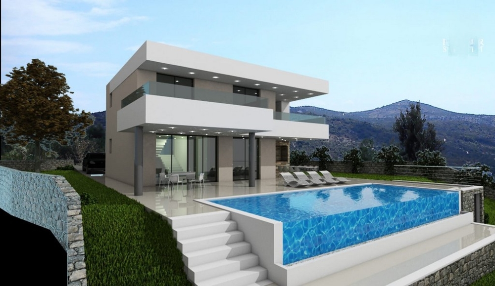 Visualizzazione della villa con piscina a sfioro davanti alle colline