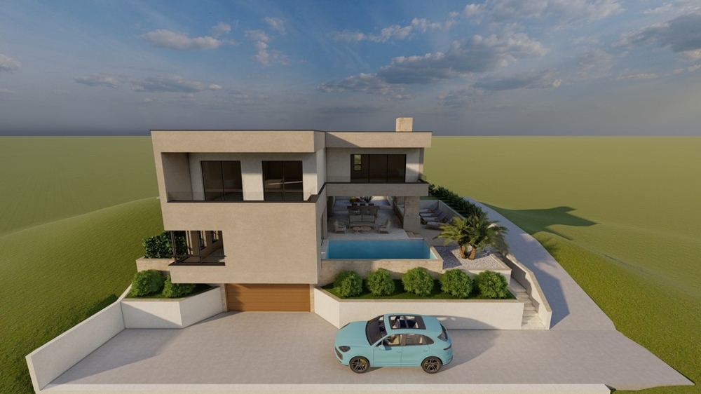 Rendering di villa moderna con piscina sull'isola di Solta