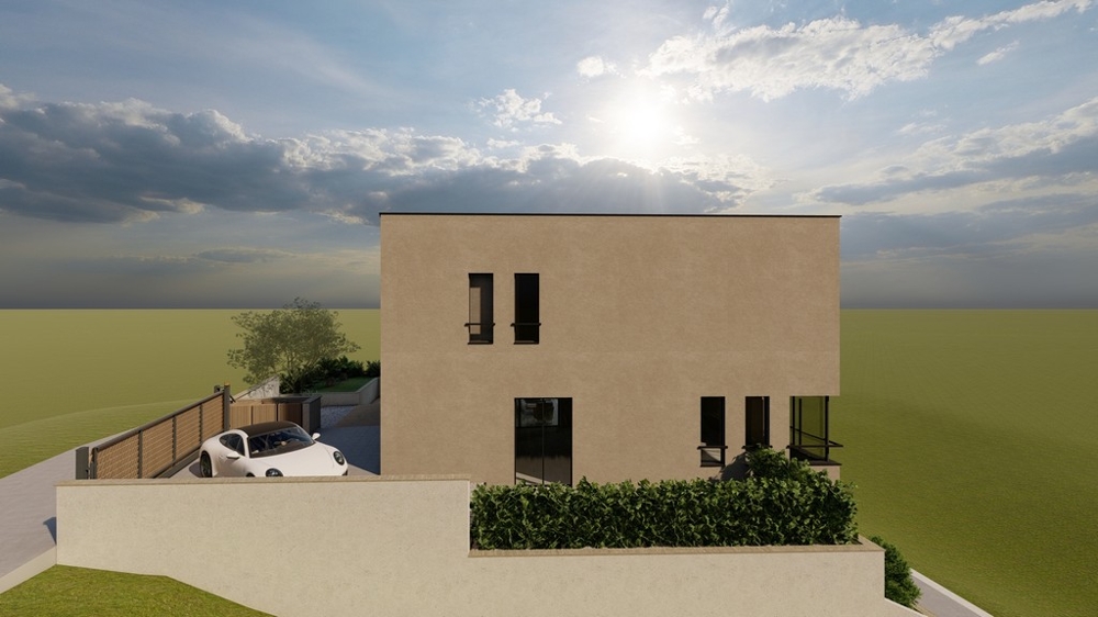 Vista laterale della villa progettata sul terreno edificabile a Solta
