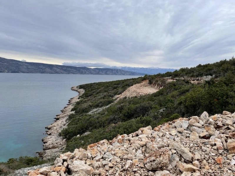 Riva rocciosa con macchia mediterranea sotto un cielo coperto