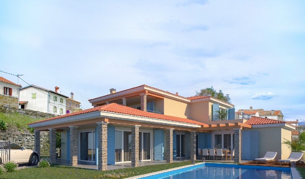 Visualizzazione della villa mediterranea con piscina e terrazza coperta