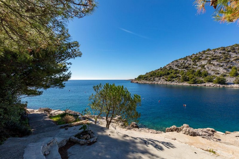 Baia con acqua limpida tra pini e pendio roccioso
