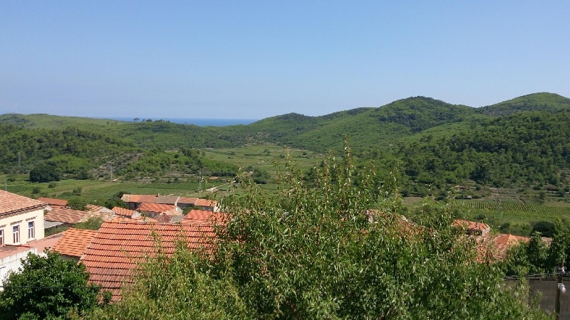 Tetti di tegole con vista sulle colline verdi fino al mare