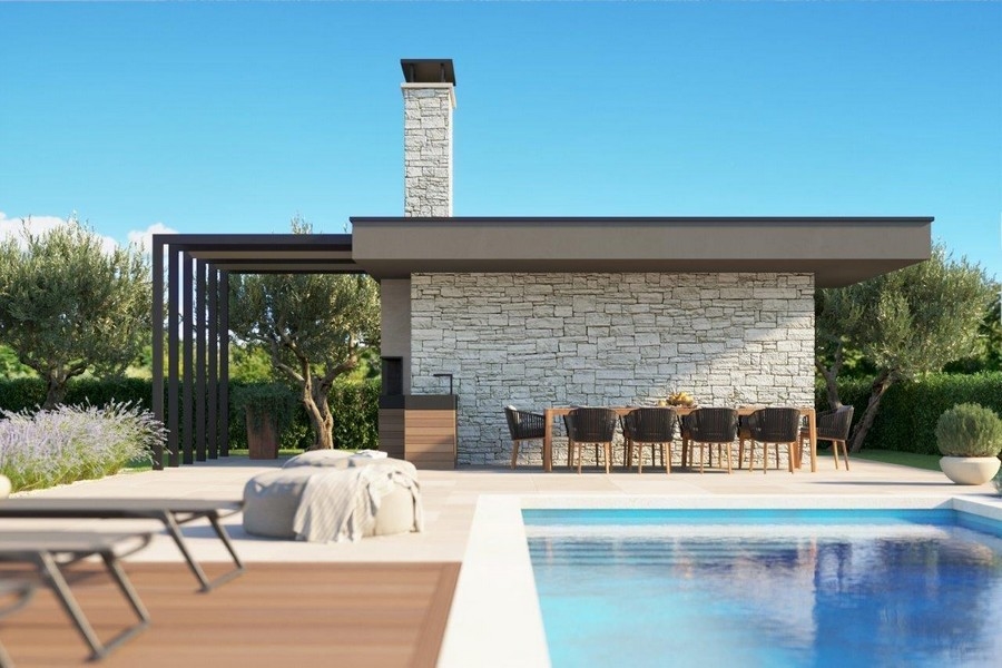 Visualizzazione della casa della piscina con tavolo da pranzo e pergola a bordo piscina