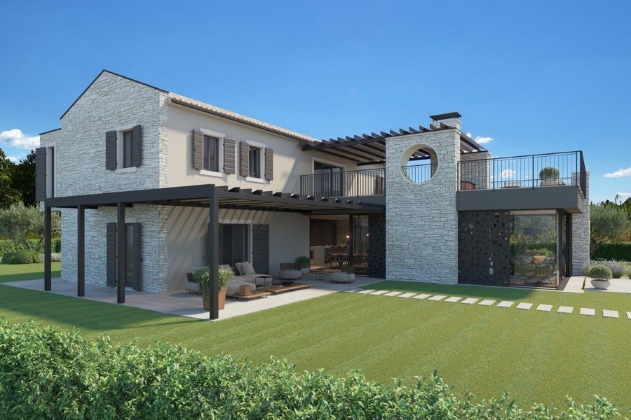 Visualizzazione del lato giardino con pergola e parete in pietra naturale
