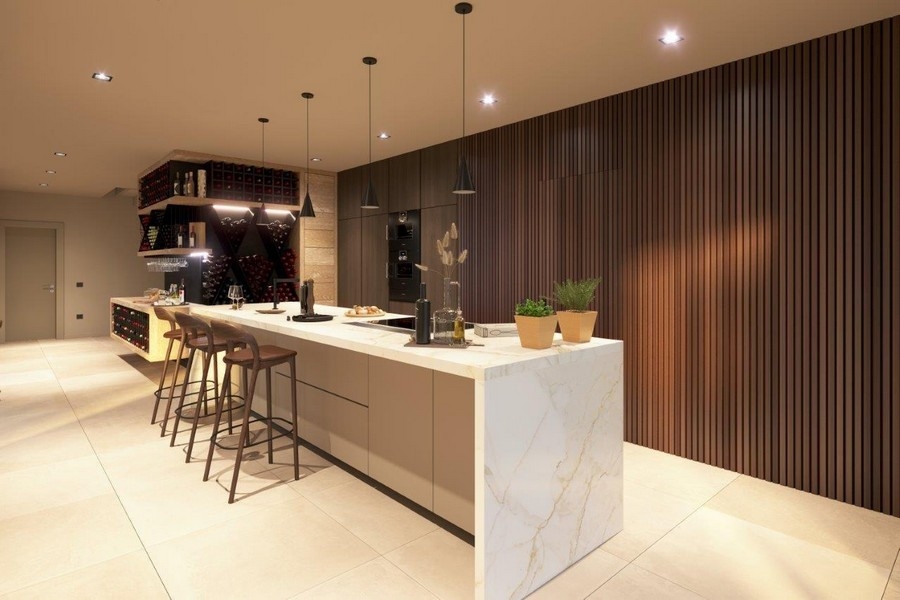 Visualizzazione della cucina con isola in marmo e lamelle in legno