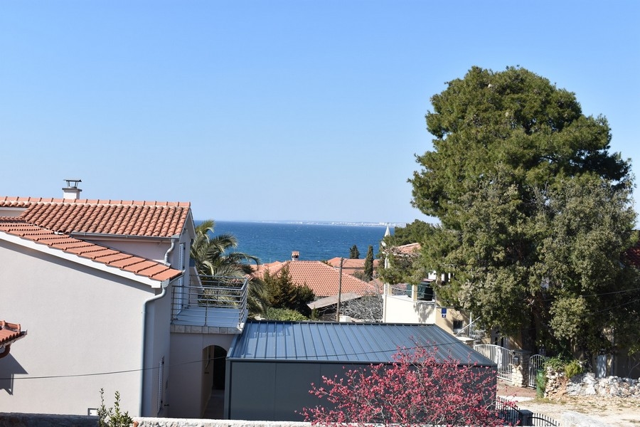 Vista sui tetti e sui pini fino al mare aperto