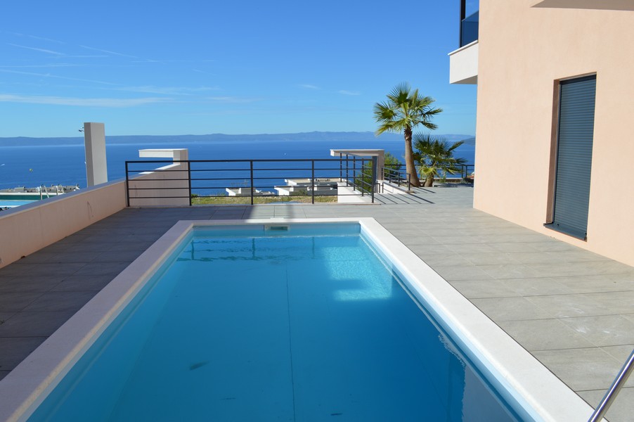 Piscina sulla terrazza con palma e vista sulla baia