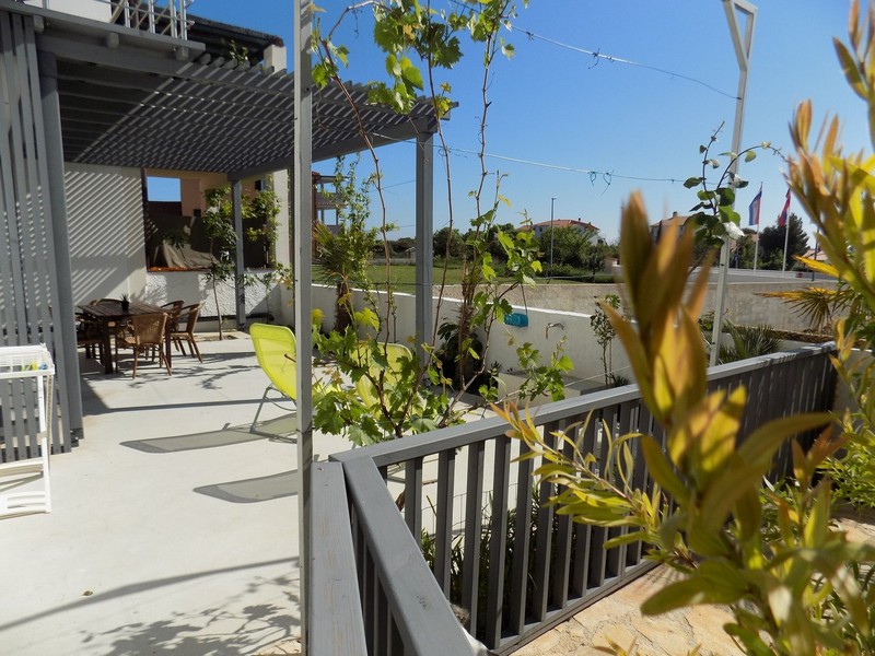 Terrazza sotto la pergola con piante rampicanti sulla ringhiera