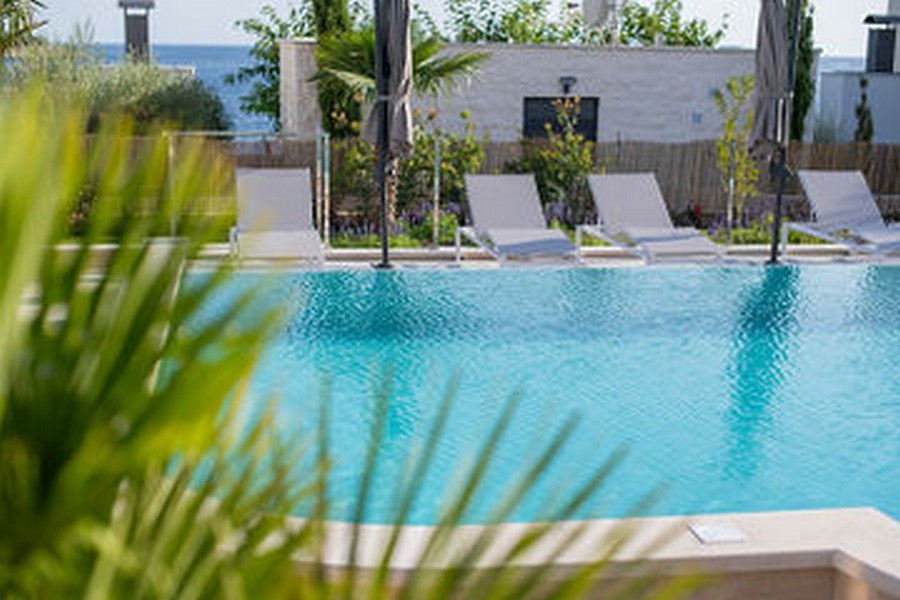 Piscina con lettini dietro foglie di palma e vista sul mare