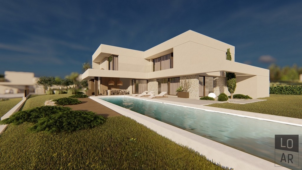 Visualizzazione della villa con lunga piscina nel prato