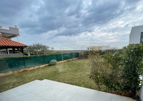 Prato con siepe e terrazza in primo piano