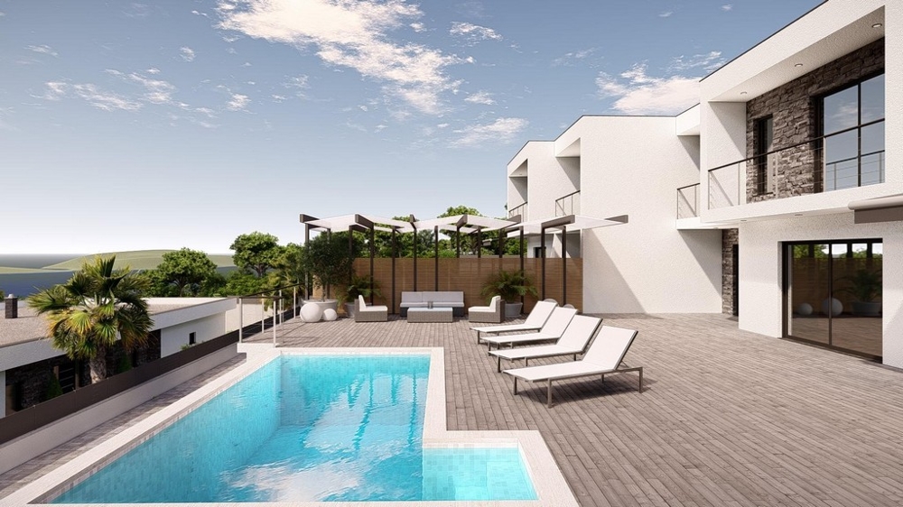 Visualizzazione di piscina e lounge sotto la pergola