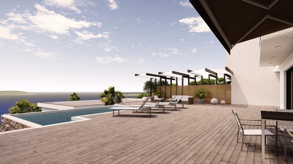 Visualizzazione della terrazza in legno con piscina sopra la costa a picco