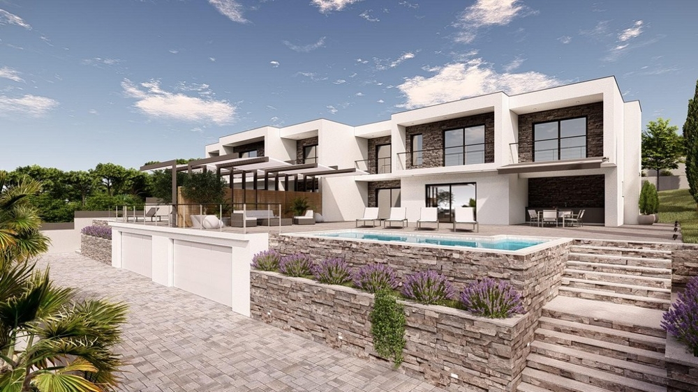 Visualizzazione delle ville con piscine sopra le terrazze di lavanda