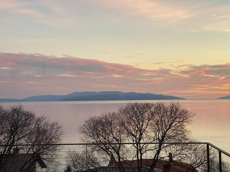 Vista tra alberi spogli sulla baia al tramonto