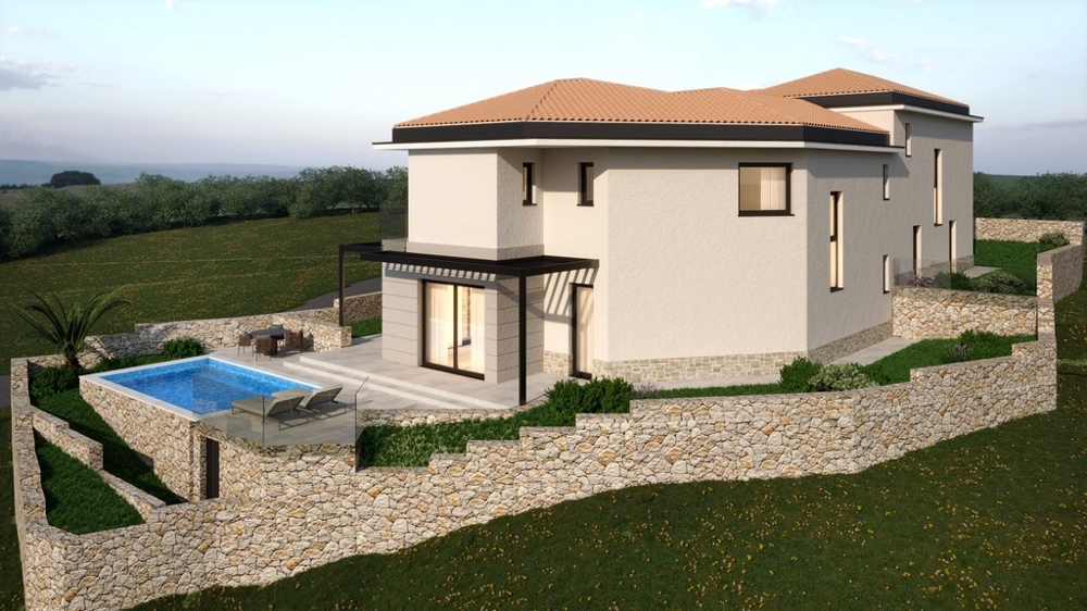 Visualizzazione della villa con piscina sopra i muri a secco