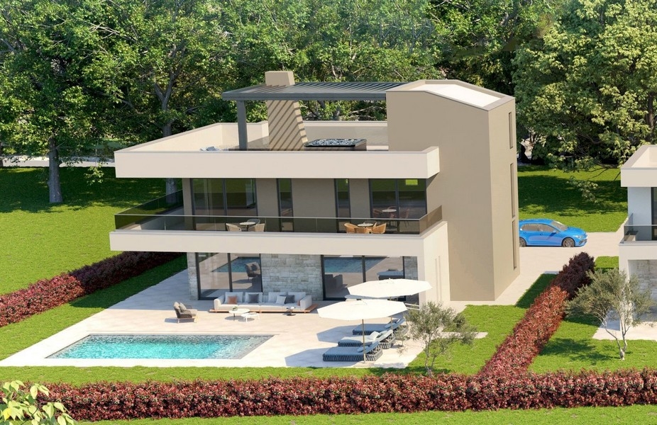 Visualizzazione della villa di nuova costruzione in Istria con piscina e terrazza sul tetto