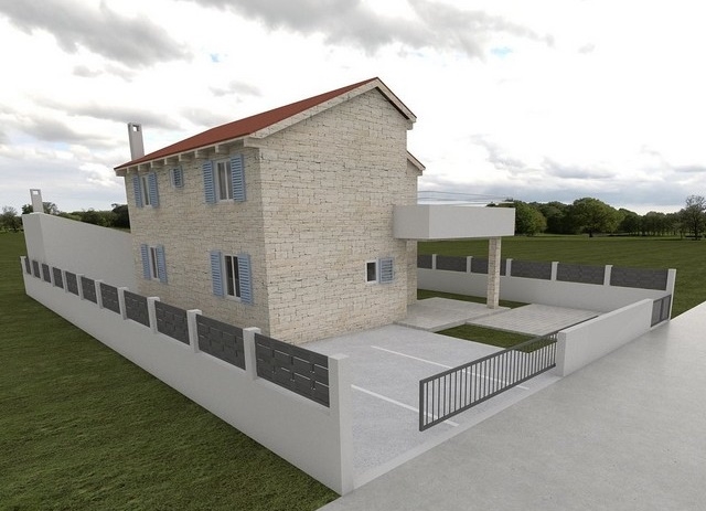 Visualizzazione della casa in pietra con persiane blu e carport
