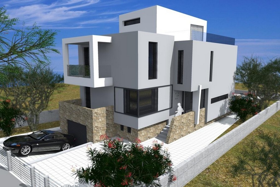 Visualizzazione della casa con zoccolo in pietra naturale e garage