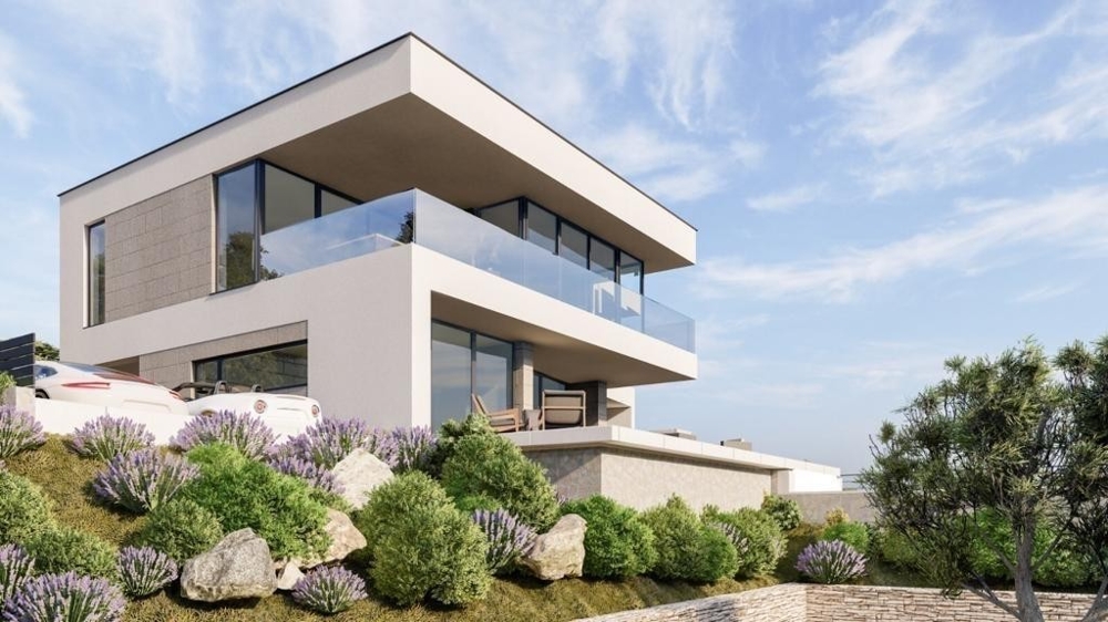 Visualizzazione della villa con parapetto in vetro sopra il pendio di lavanda
