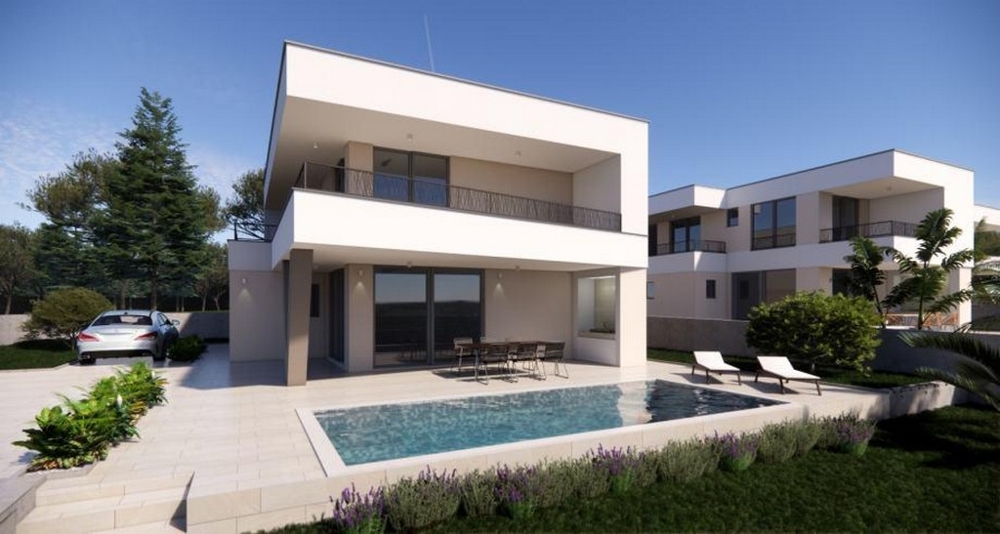 Visualizzazione di due ville con piscine e aiuole di lavanda