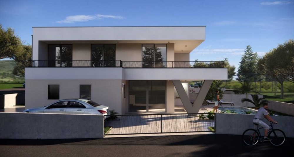 Visualizzazione della villa con posto auto dietro il muro