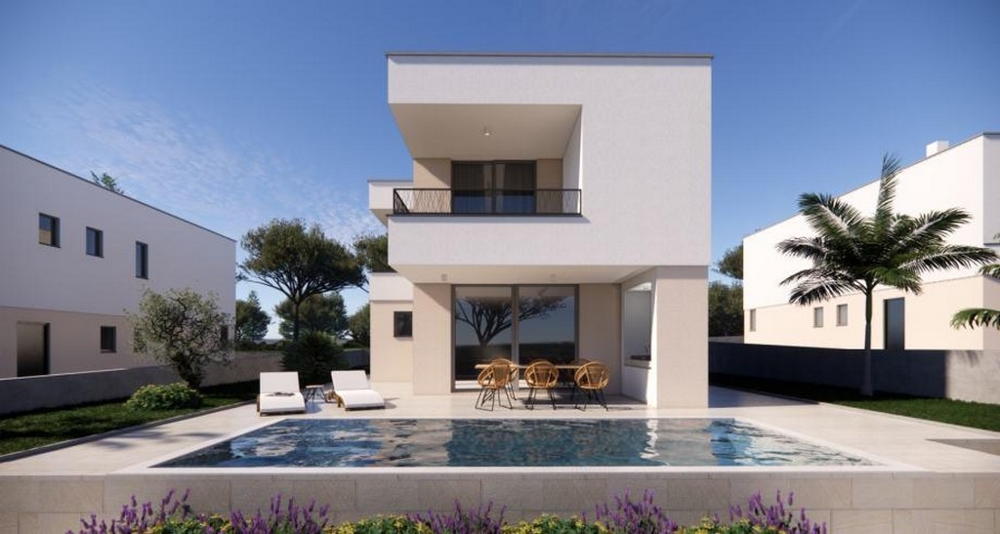 Visualizzazione del lato piscina con balcone e zona salotto