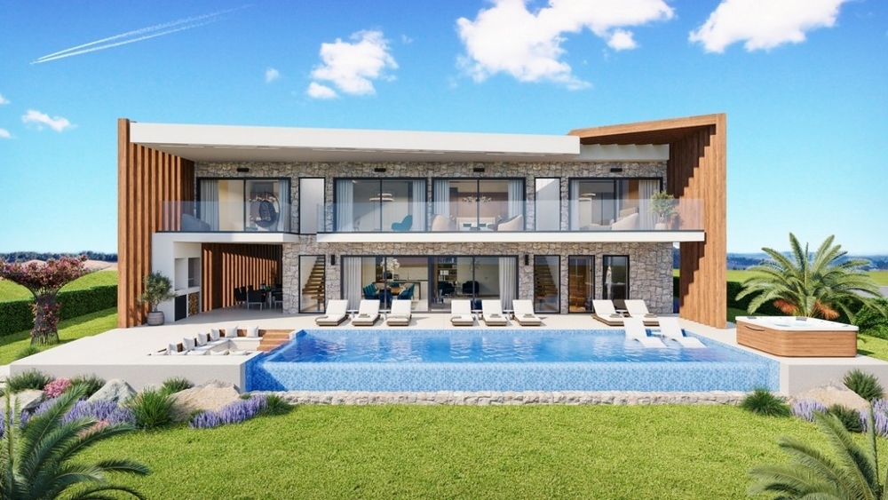 Visualizzazione della villa con piscina e vasca idromassaggio nel prato