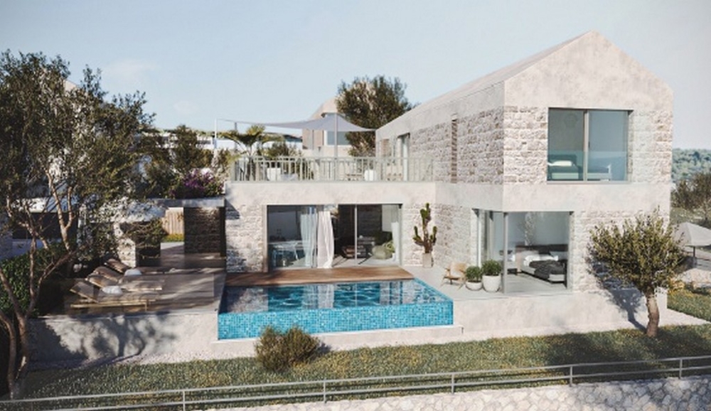 Visualizzazione della casa in pietra con piscina e tendone