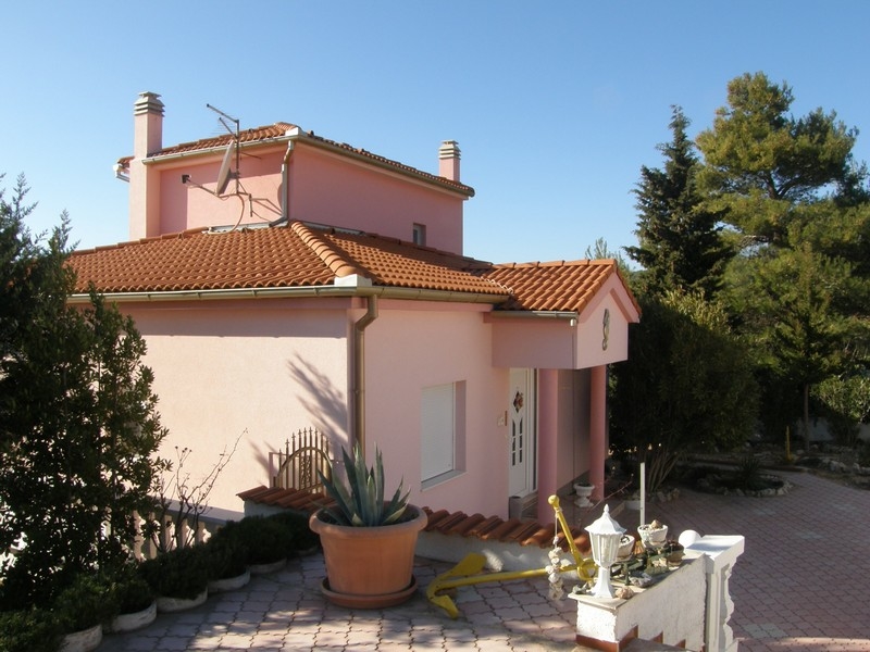 Retro della villa rosa croata con terrazza e circondata da alberi