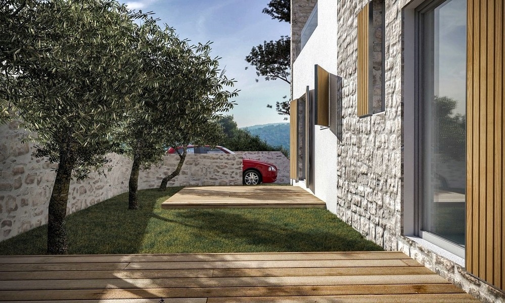 Area parcheggio con ulivo accanto a una villa moderna in vendita a Jezera, Murter, Croazia
