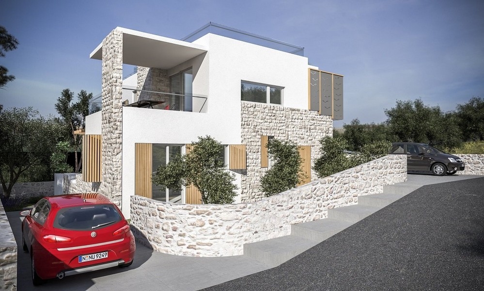 Vista frontale di una villa moderna con posto auto in vendita a Jezera, Murter, Croazia