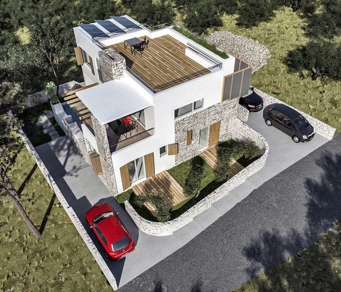 Vista posteriore di una villa moderna con muro in pietra in vendita a Jezera sull'isola di Murter in Croazia