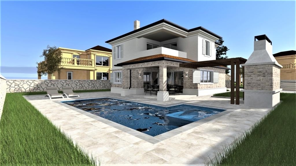 Vista esterna di una villa moderna a Vrbnik sull'isola di Krk con piscina e giardino, immobili Croazia, Vrbnik, villa in vendita isola di Krk