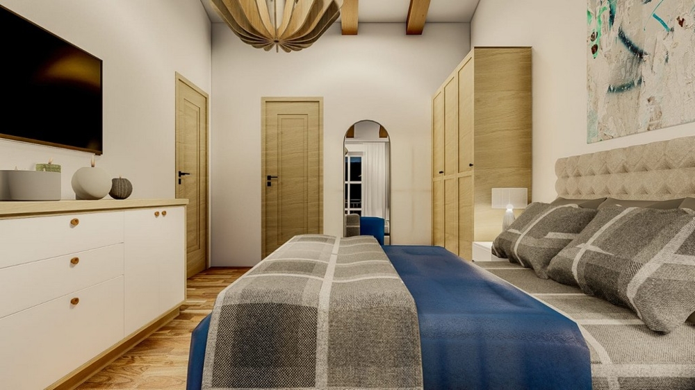 Villa mediterranea con vista mare, isola di Krk, camera da letto con TV e porte in legno