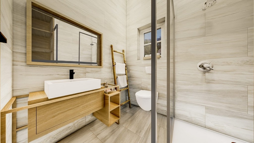 Bagno moderno con mobili in legno chiaro, grande specchio, box doccia in vetro e sanitari bianchi.