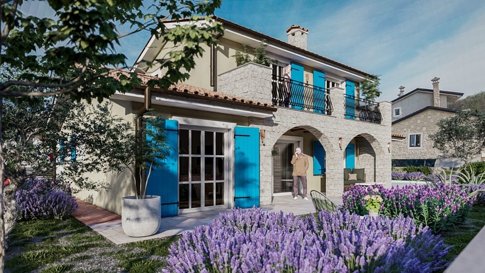 Ingresso di una graziosa villa mediterranea con porte blu sull'isola di Krk