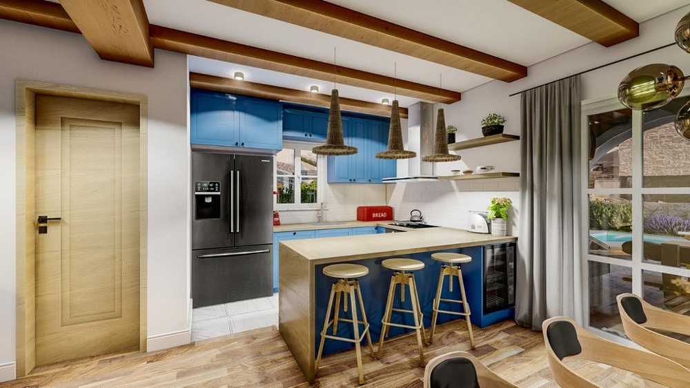 Cucina moderna in una villa mediterranea con vista mare sull'isola di Krk