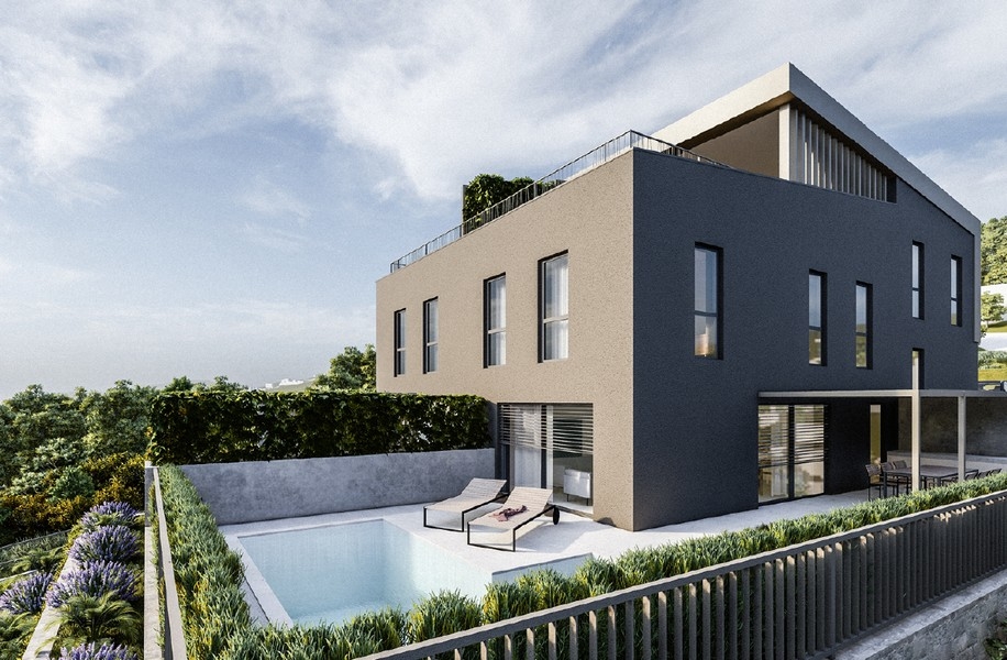 Visualizzazione della casa bifamiliare con piscina e terrazza sul tetto